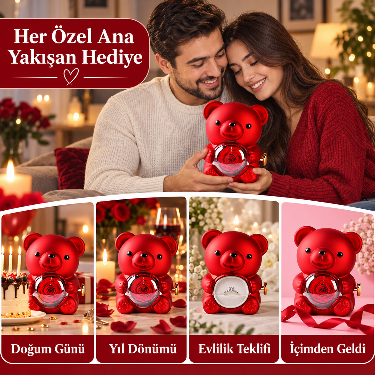 Sovella™ Gül Ayıcık & Ciddi İlişki Yüzüğü Seti