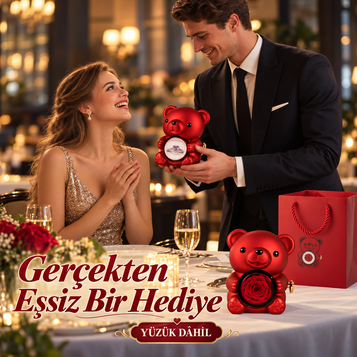 Sovella™ Gül Ayıcık & Ciddi İlişki Yüzüğü Seti